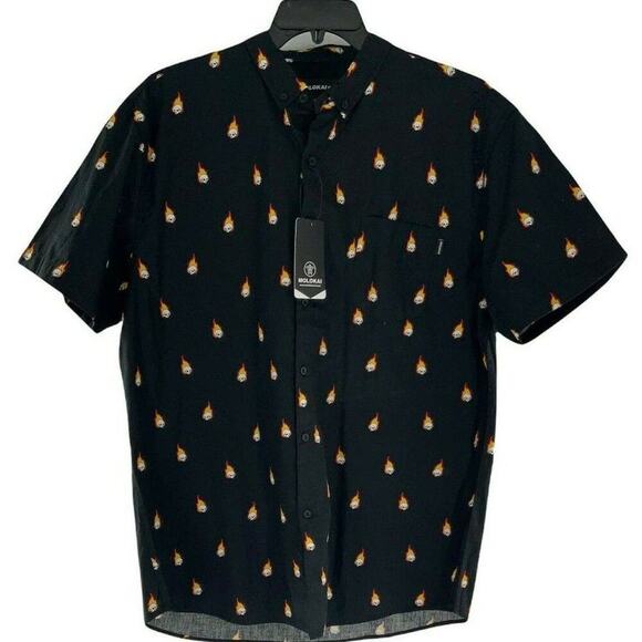 Molokai Surf Co Shirt Men L Short Sleeve Chest Pocket Fireball Flaming Skull NWT - Picture 3 of 9